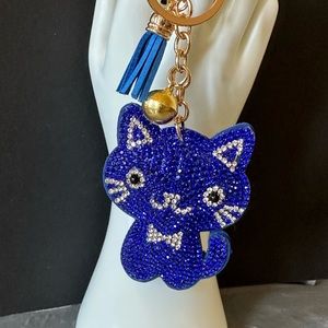 Rhinestone Blue Cat Bling Sparkle Clip on Purse Bag Charm/Keychain